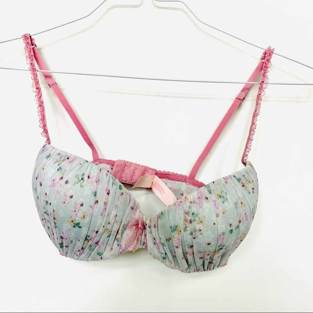 NEW VS VICTORIAS SECRET Blue Mesh Lavender Floral Ruffle Padded Demi Bra 32D